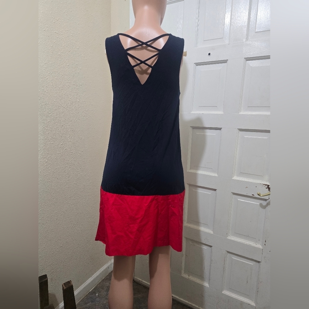 LOFT Navy and Red Sleeveless Crisscross Back Dress